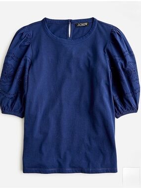 J Crew Broken-In Jersey Puff-sleeve EUC Dark Blue Eyelet Top Button Closure | M